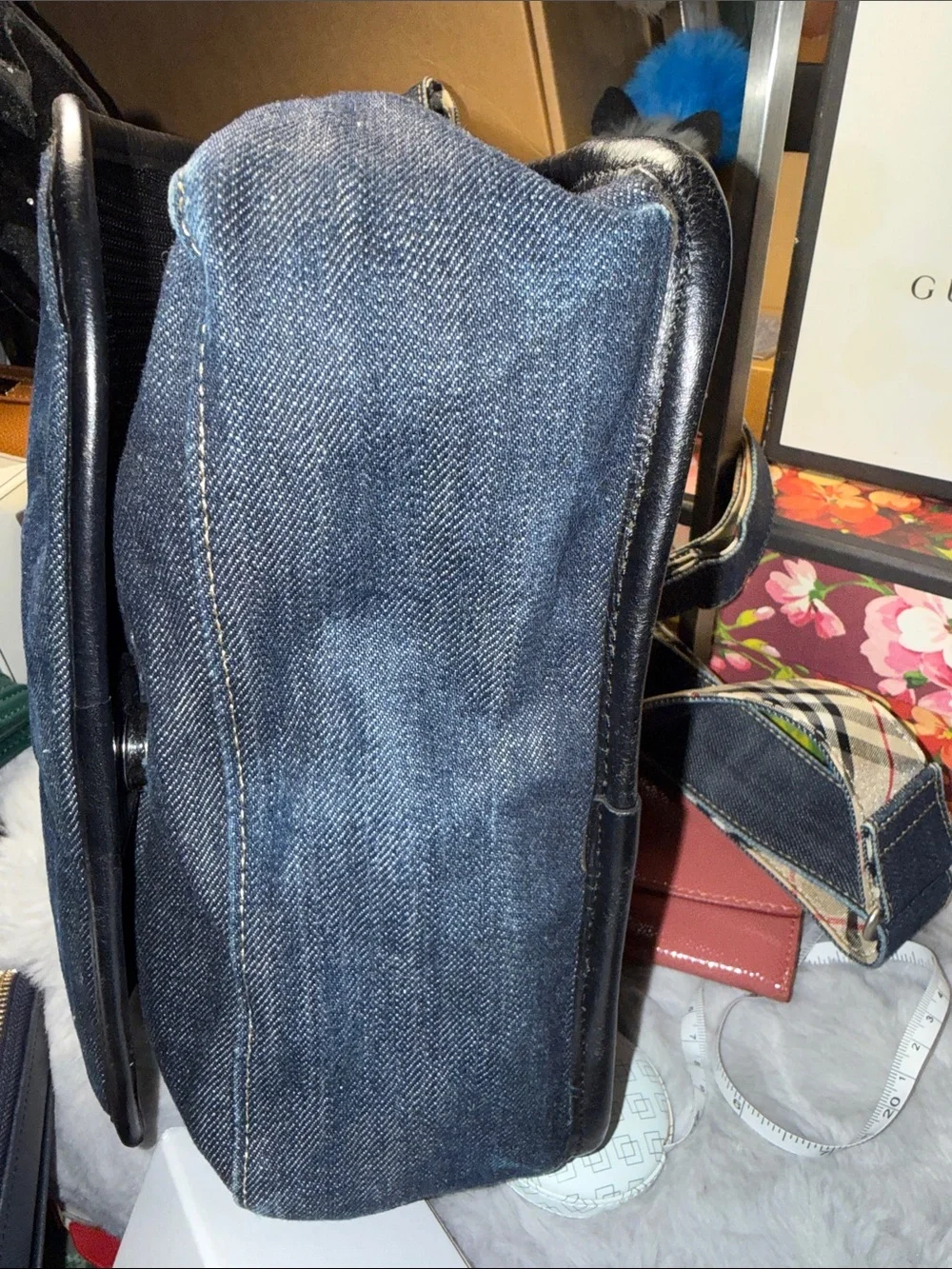 Burberry Blue Denim Messenger Bag with Beige Check Strap